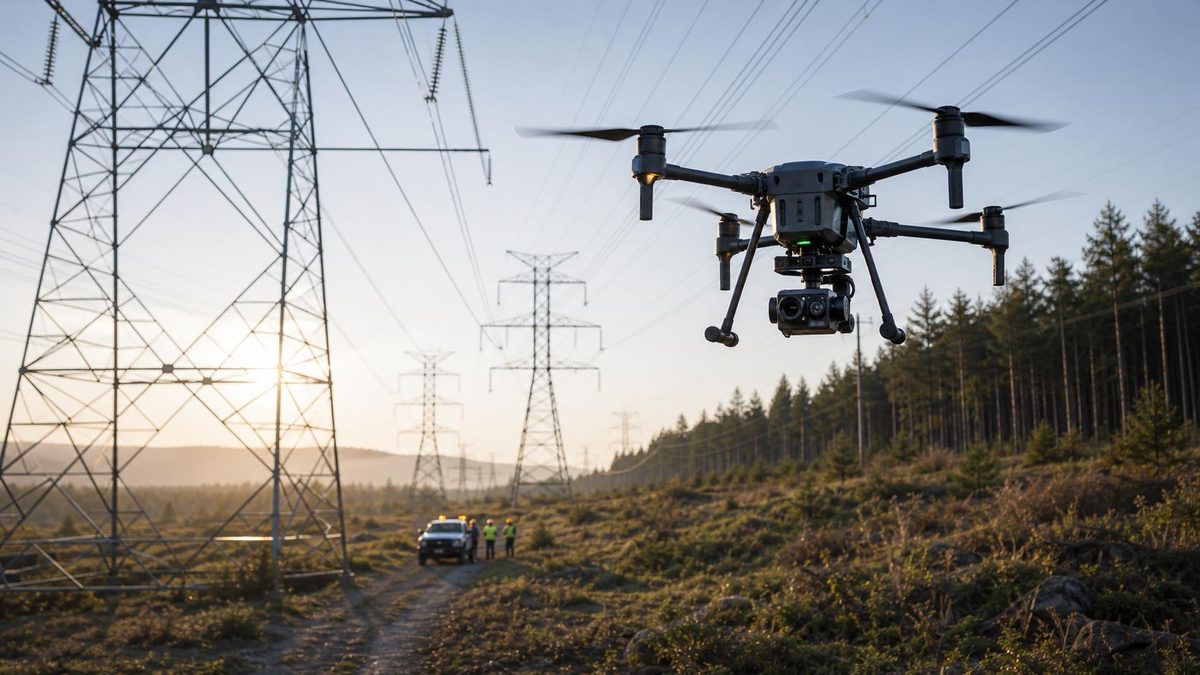 Autonomous inspection drone flying along a high-voltage transmission corridor at dusk, with a maintenance crew on the ground below