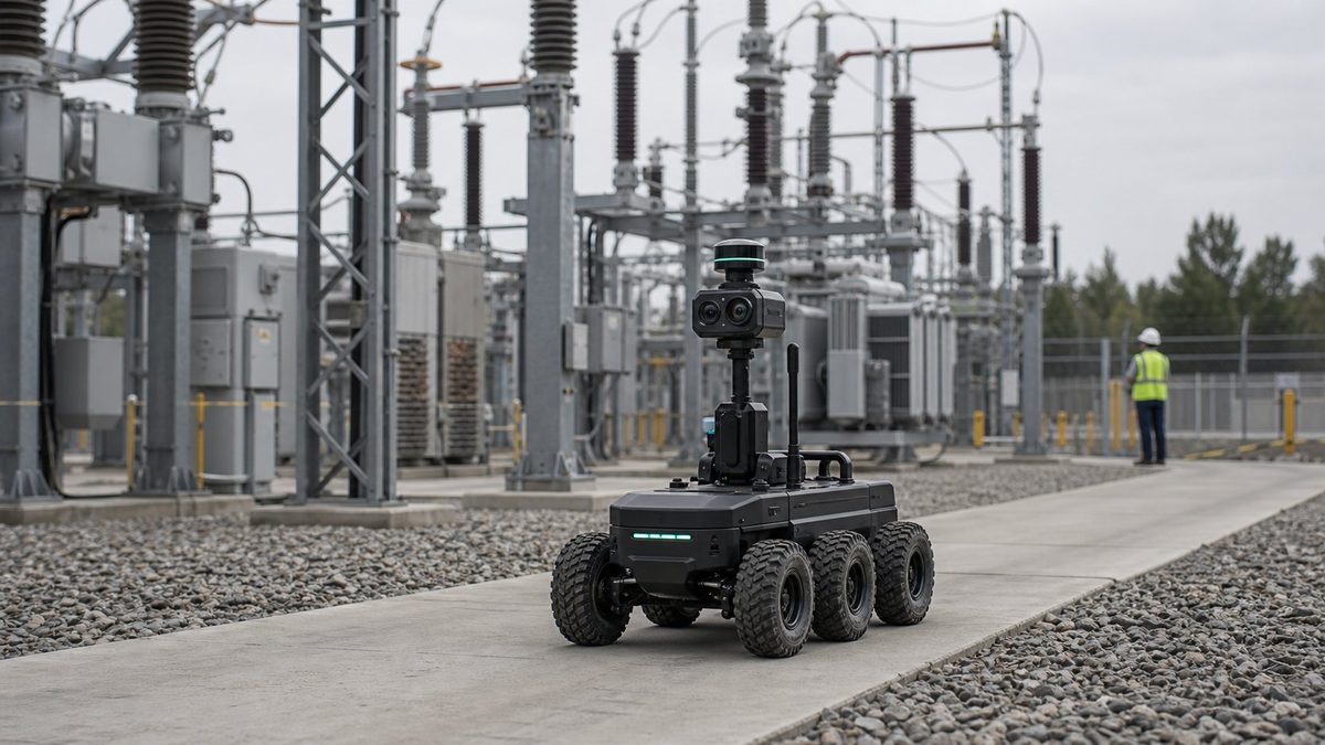Six-wheeled autonomous ground robot with a sensor mast patrolling a high-voltage electrical substation