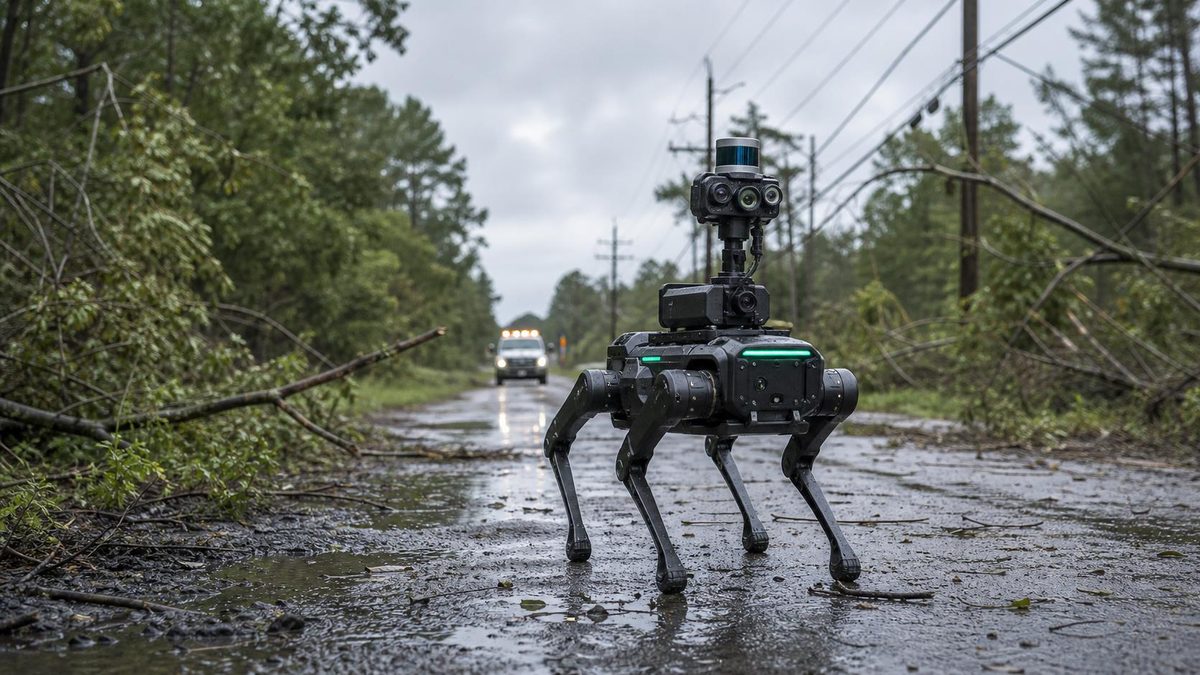 Quadruped inspection robot assessing storm damage along a rain-soaked road with downed branches beneath power lines