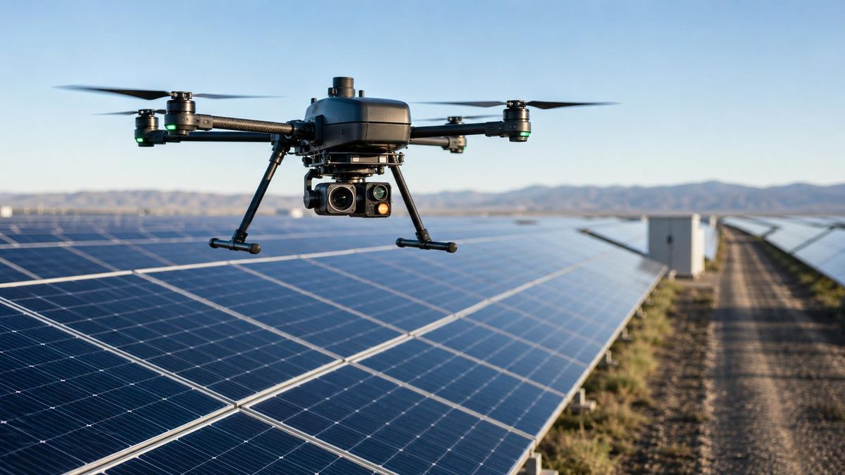 Autonomous inspection drone with thermal and visual sensors flying low over rows of solar panels at a utility-scale park