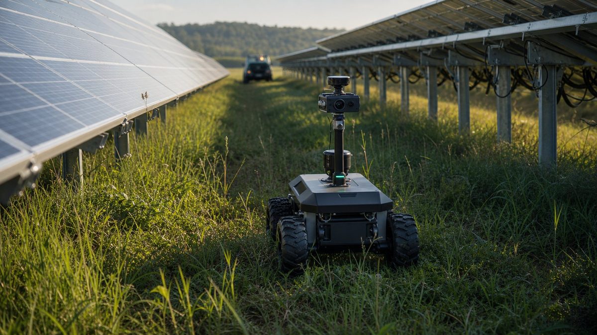 Four-wheeled autonomous security robot with a sensor mast patrolling a grassy corridor between rows of ground-mounted solar panels