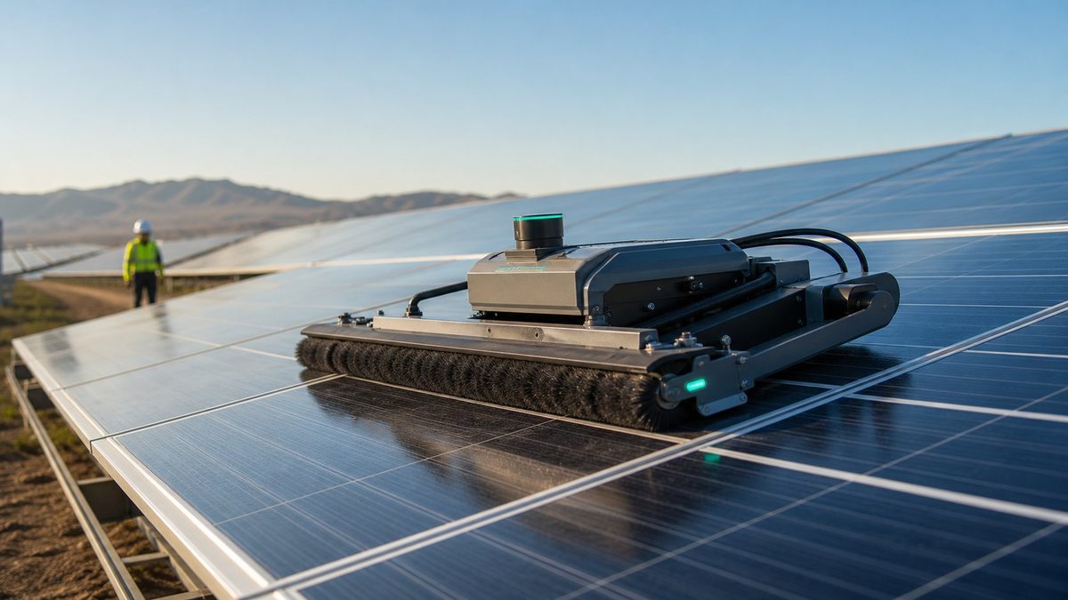 Autonomous robotic cleaning unit with a rotating brush moving across the surface of a solar panel array, technician in the background