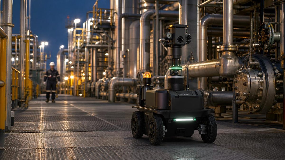 Autonomous inspection robot patrolling a brightly lit refinery process area at night, with a worker in the background