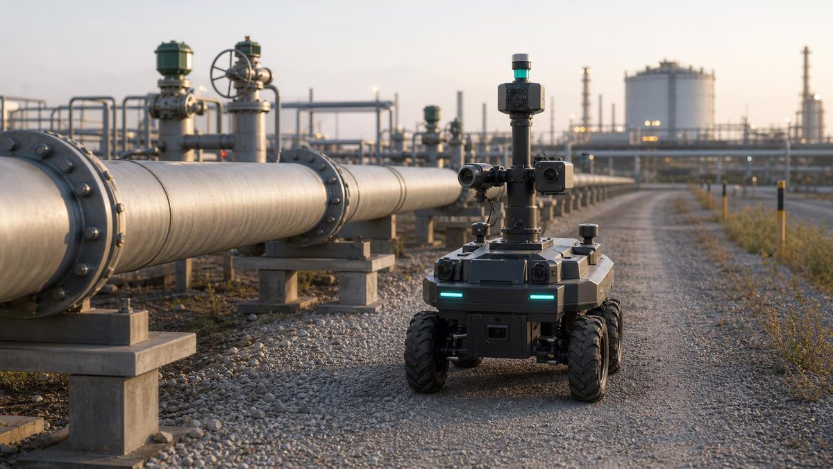 Four-wheeled autonomous security robot with a sensor mast patrolling alongside an industrial pipeline at an oil and gas facility