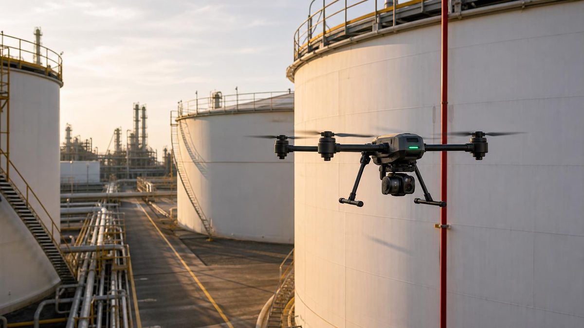 Inspection drone flying close to a large storage tank at a refinery tank farm to inspect elevated structures