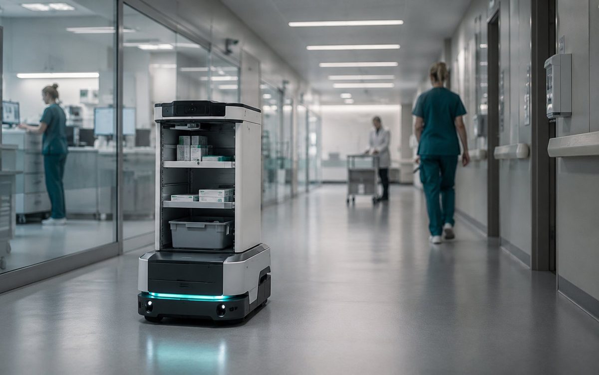 Autonomous supply-transport robot carrying shelves of medication and consumables along a hospital corridor, with clinical staff in the background