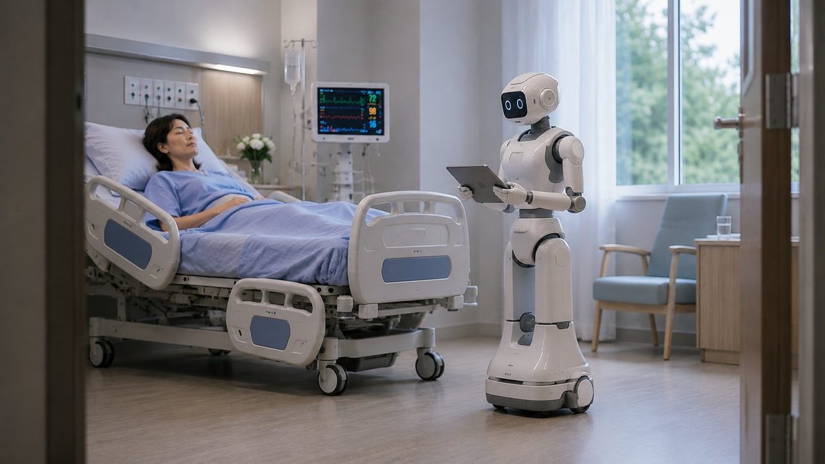Humanoid assistance robot holding a tablet at the bedside of a resting patient, beside a vital-signs monitor in a hospital room
