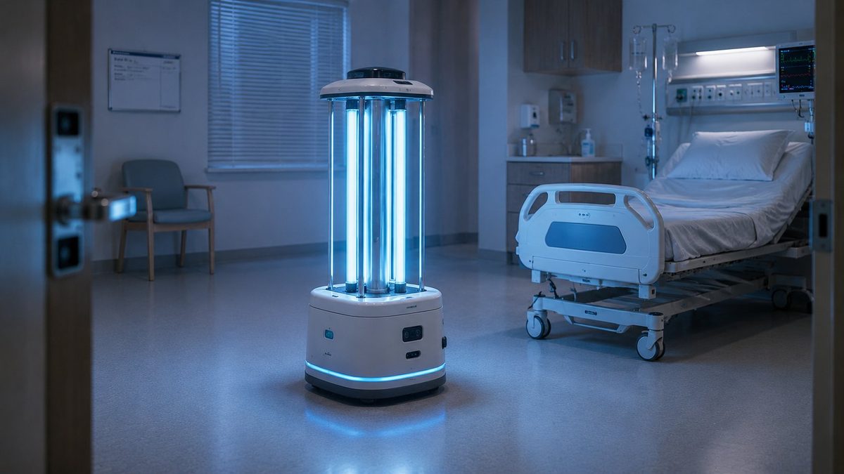 Autonomous UV-C disinfection robot with glowing ultraviolet lamps treating an empty hospital patient room