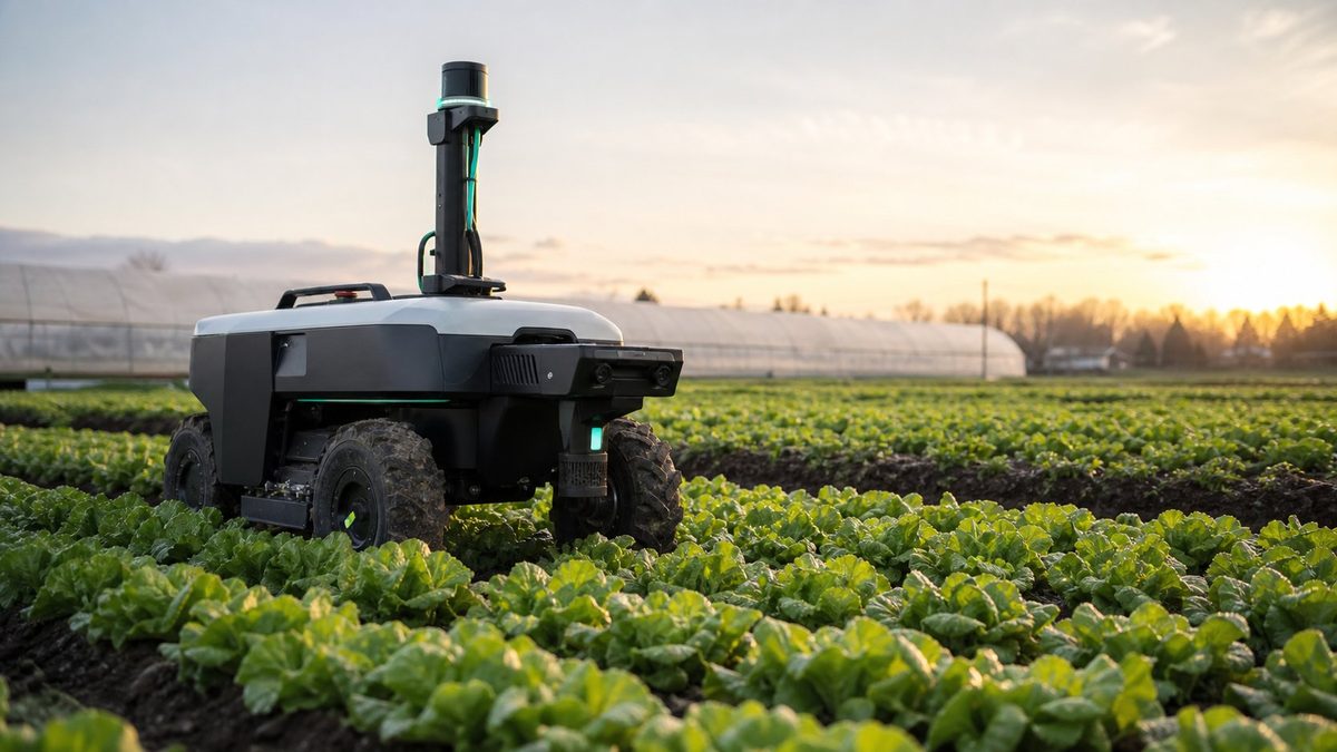 Autonomous four-wheeled field robot with a sensor mast scouting rows of leafy vegetable crops at sunset