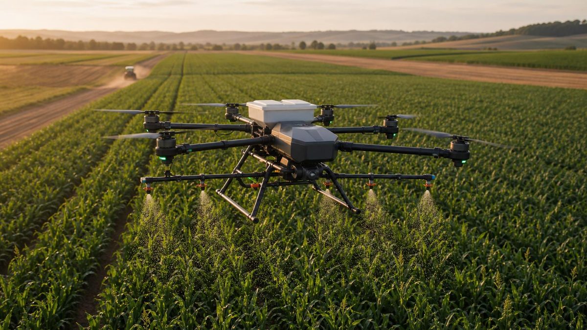 Multi-rotor agricultural drone spraying a fine mist over rows of green crops at sunset, with a tractor working in the background