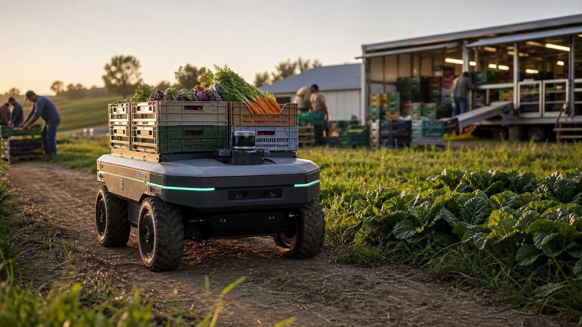 Autonomous transport robot loaded with crates of freshly harvested vegetables on a farm track, with workers packing produce by a barn in the background