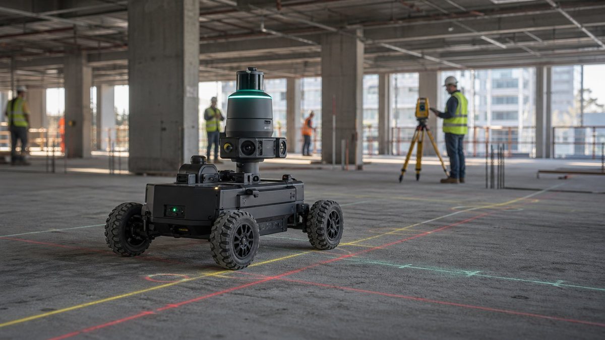 Autonomous four-wheeled survey robot with a laser scanner mapping an open concrete floor of a building under construction, surveyor with a total station in the background
