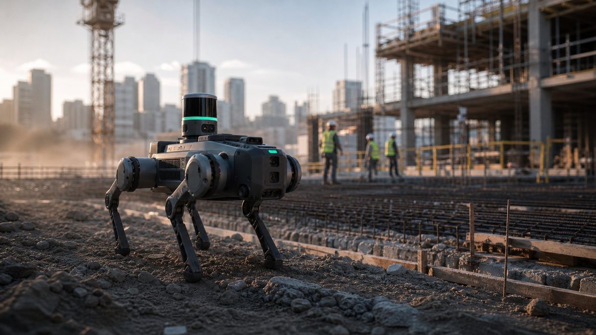 Quadruped inspection robot walking across a rebar-laid construction site at sunset, with workers and a high-rise skyline in the background