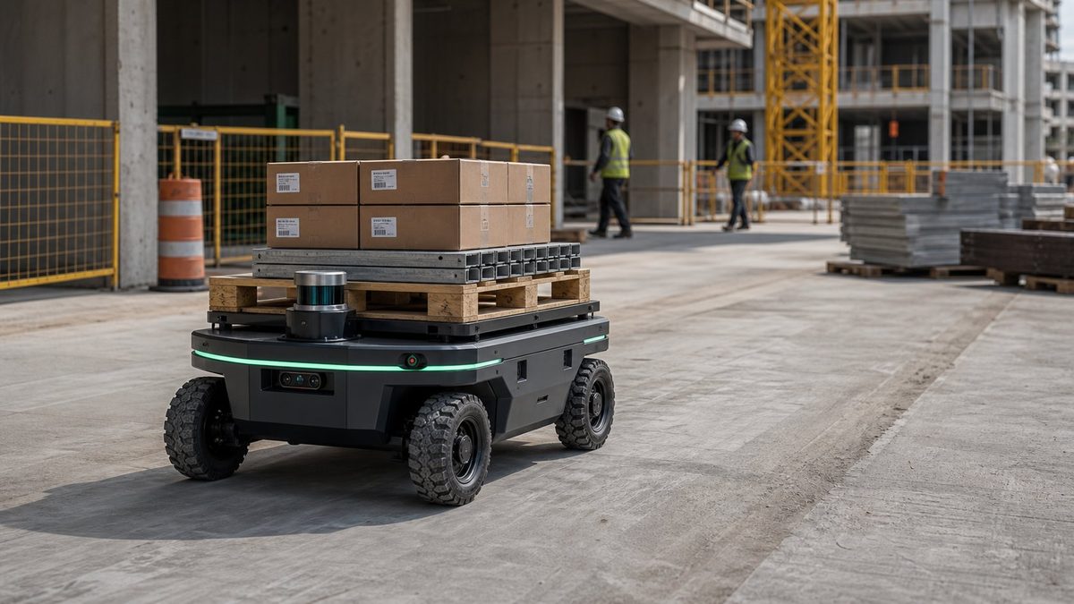 Autonomous four-wheeled transport robot carrying a pallet of boxes and steel sections across a concrete construction site, workers in high-visibility vests in the background