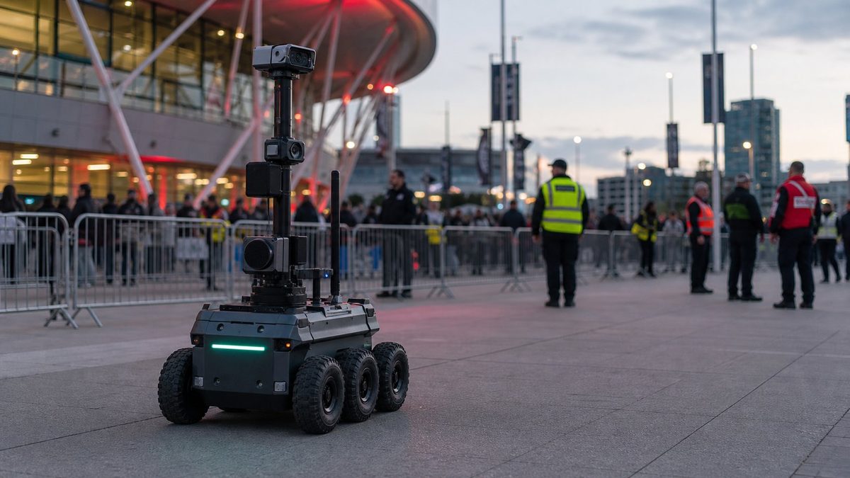 Six-wheeled autonomous security robot with a tall sensor mast patrolling outside a stadium at dusk, with crowds and high-visibility security staff behind barriers