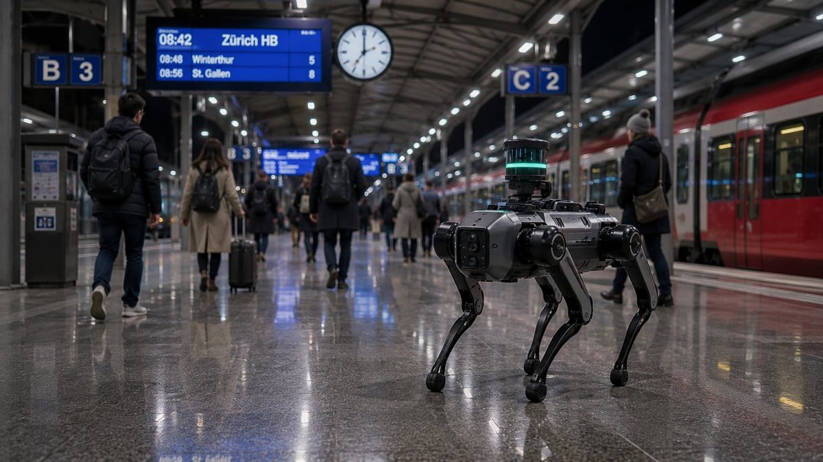Quadruped patrol robot with a sensor turret walking along a train station platform at night as commuters and a red train pass by