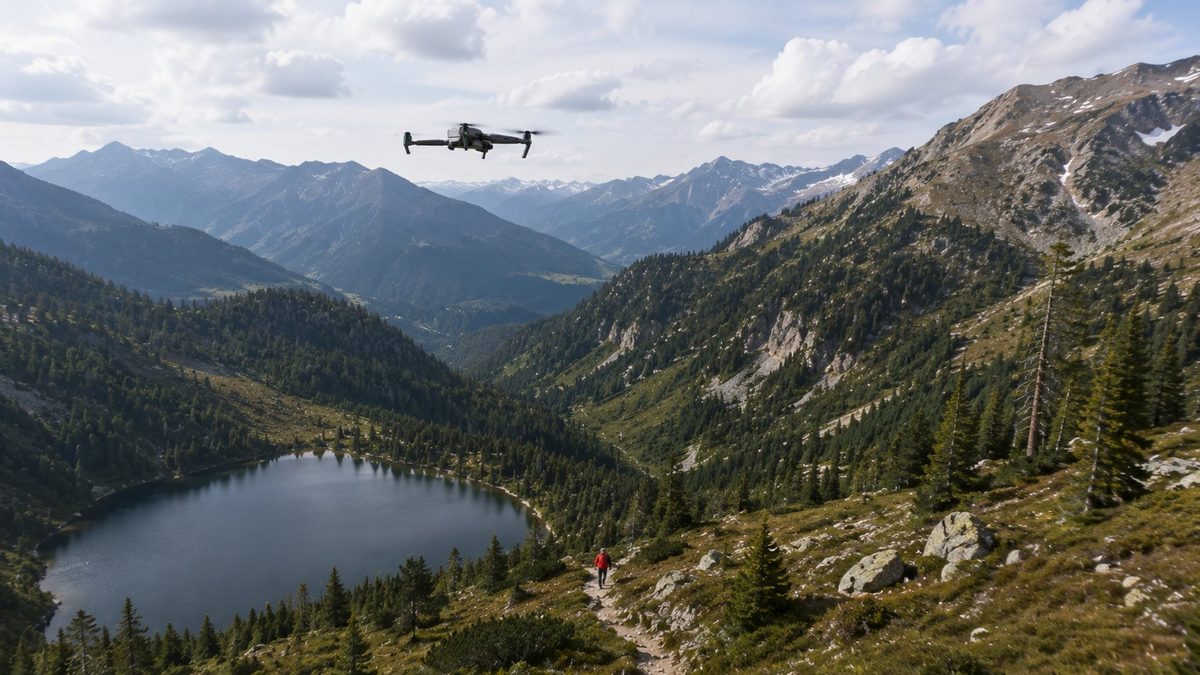 Search-and-rescue drone flying over a remote alpine valley with a mountain lake, scanning the terrain as a lone hiker walks a trail below