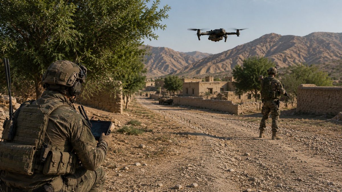 Soldier operating a reconnaissance drone from a rugged tablet as it flies over a remote mountain village, a second soldier on patrol nearby