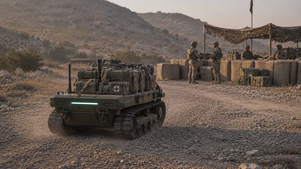 Tracked autonomous supply robot carrying medical and ammunition cases marked with a red cross along a dirt track to a forward operating base, soldiers unloading supplies in the background