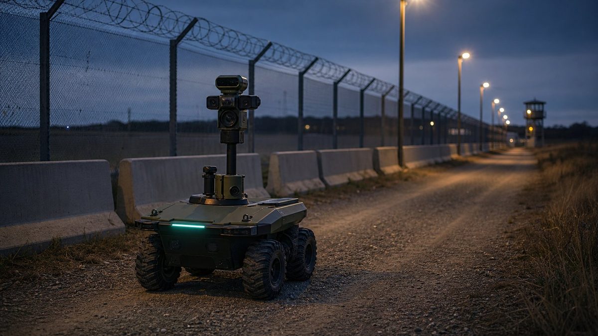 Four-wheeled autonomous patrol robot with a camera mast monitoring a fortified perimeter fence with razor wire and a watchtower at dusk
